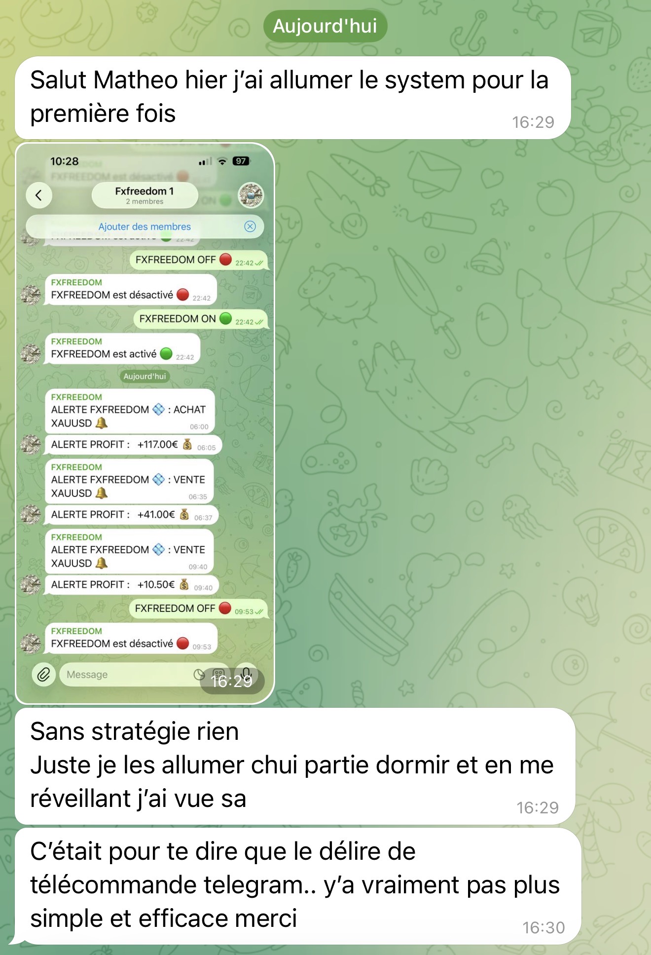 Première activation du système : alertes d'achat et profits sur XAUUSD pendant la nuit