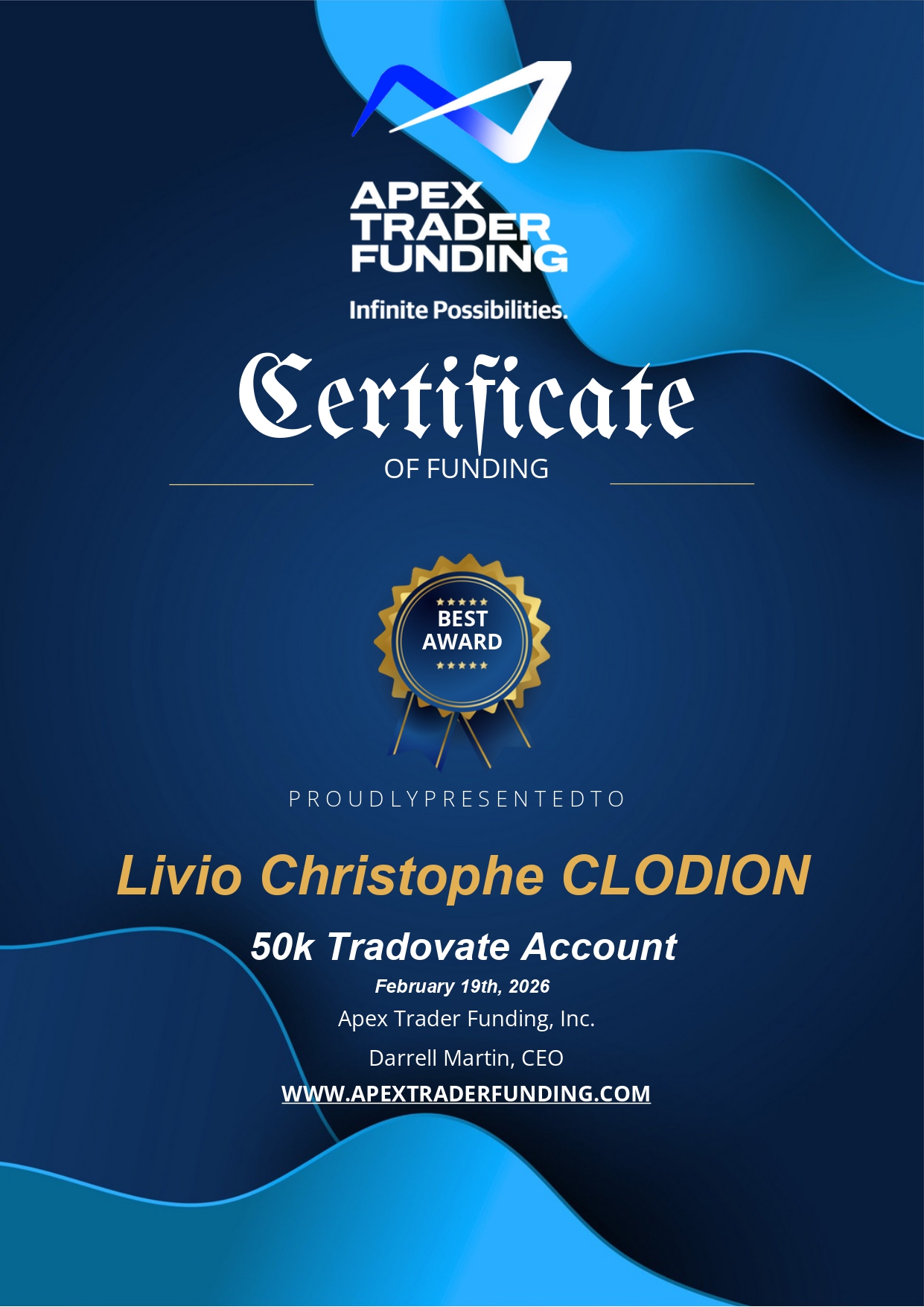 Livio C. — Apex Trader Funding, compte 50k, 19 févr. 2026