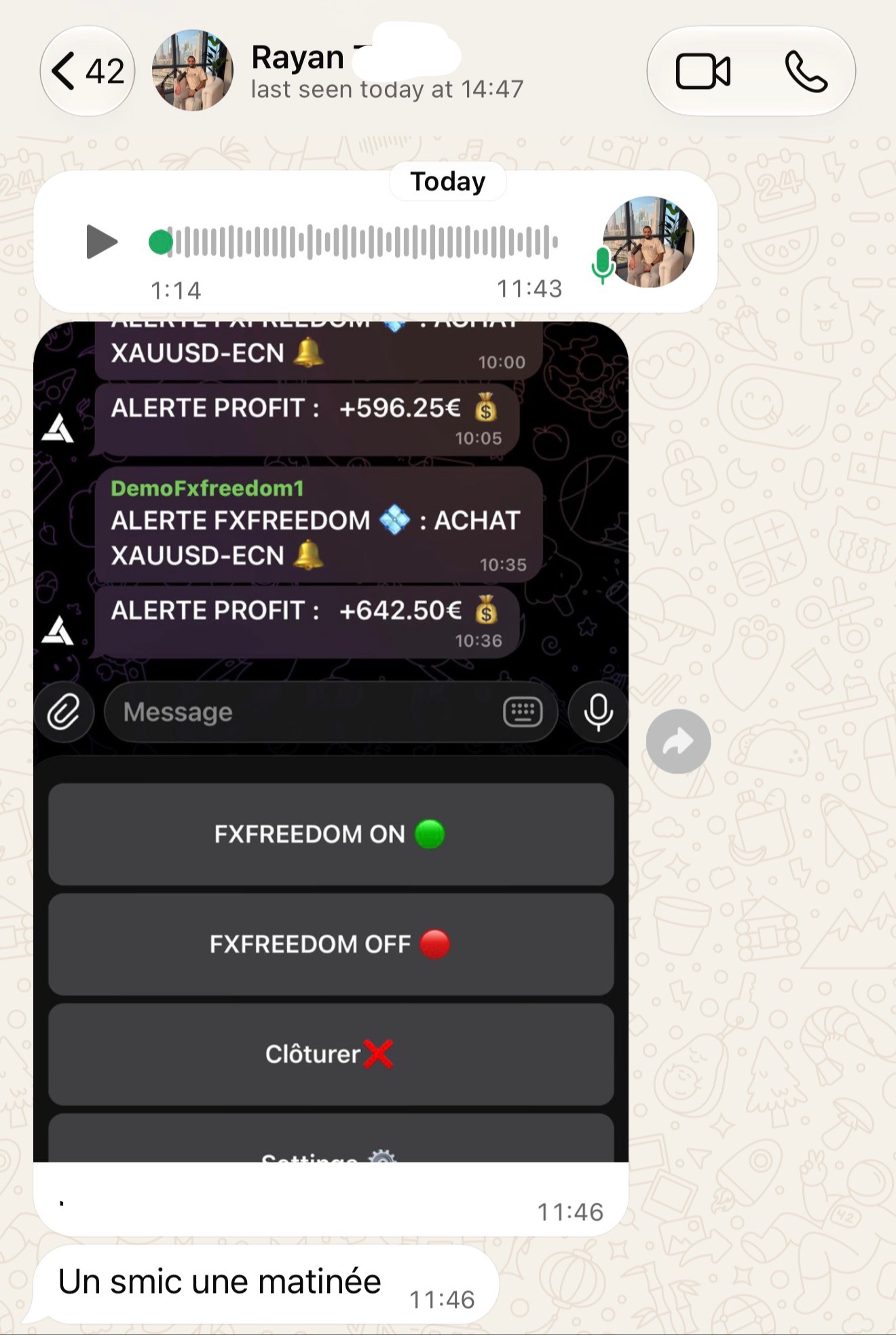 Alertes Telegram de Rayan : profits de +596 € et +642 € sur XAUUSD-ECN dans la matinée