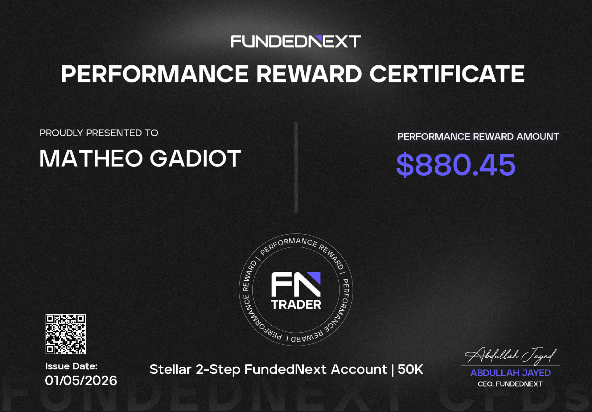 Mathéo — FundedNext, payout 880,45 $, 01/05/2026