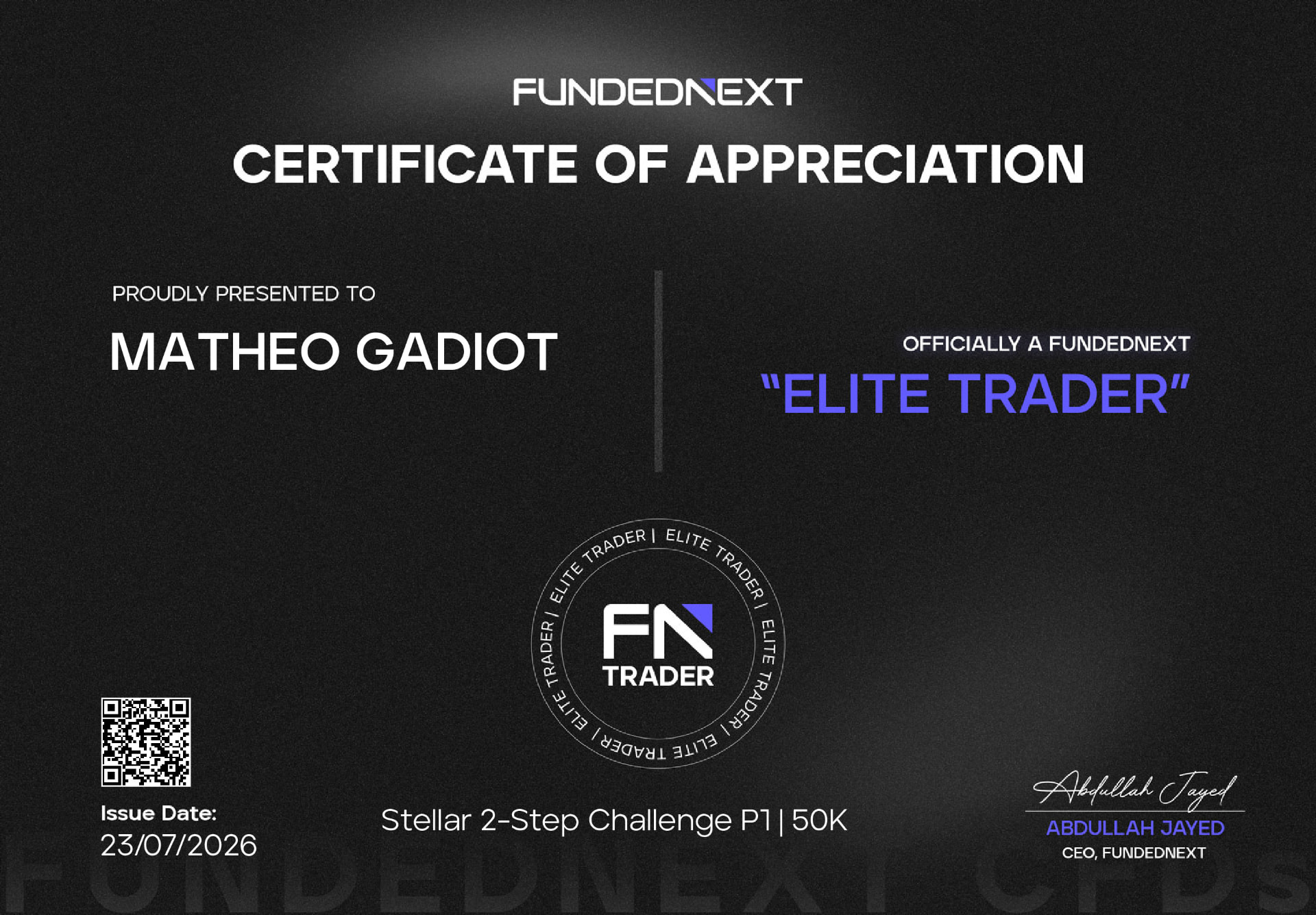 Mathéo — FundedNext Elite Trader, 23/07/2026