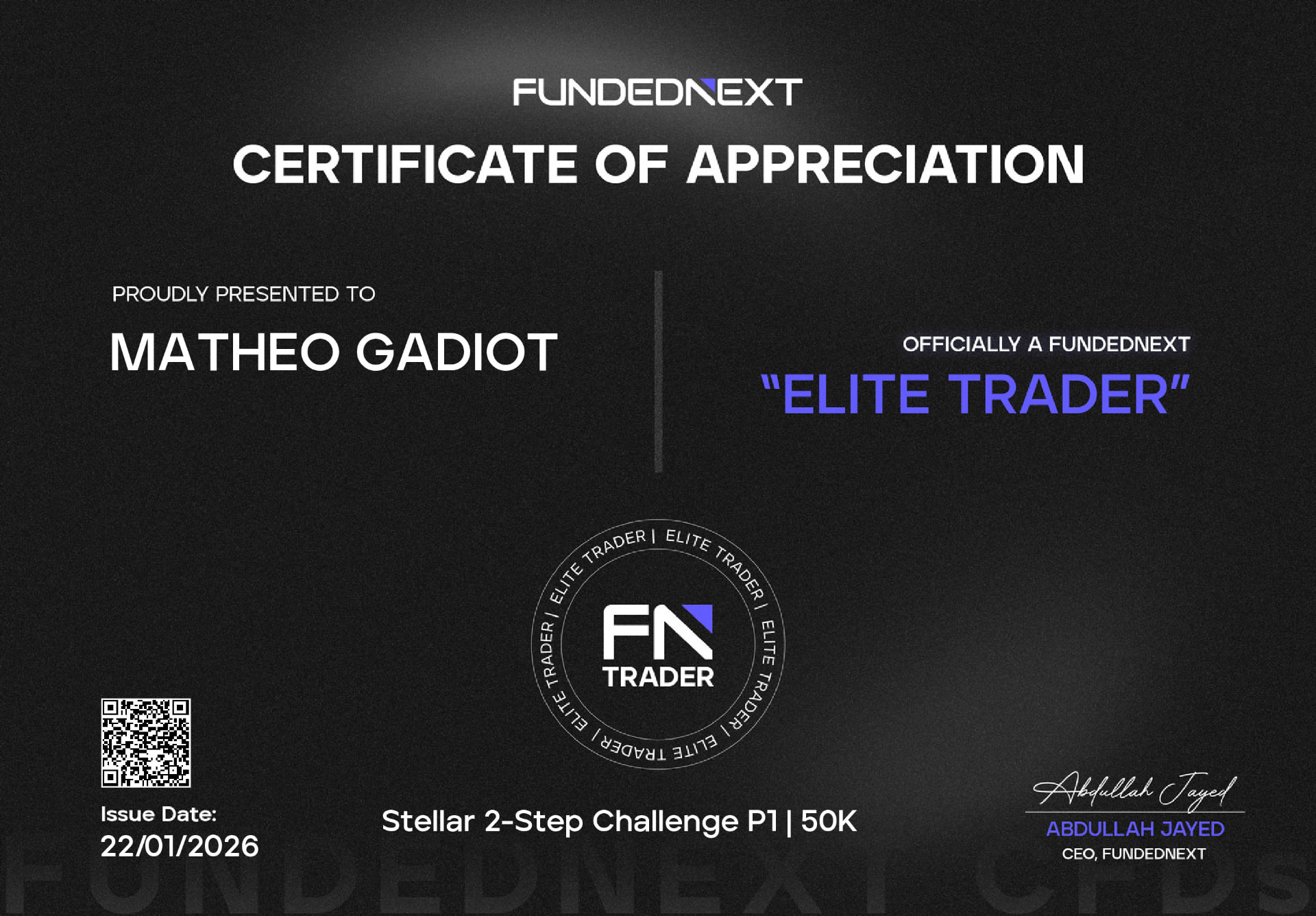 Mathéo — FundedNext Elite Trader, 22/01/2026