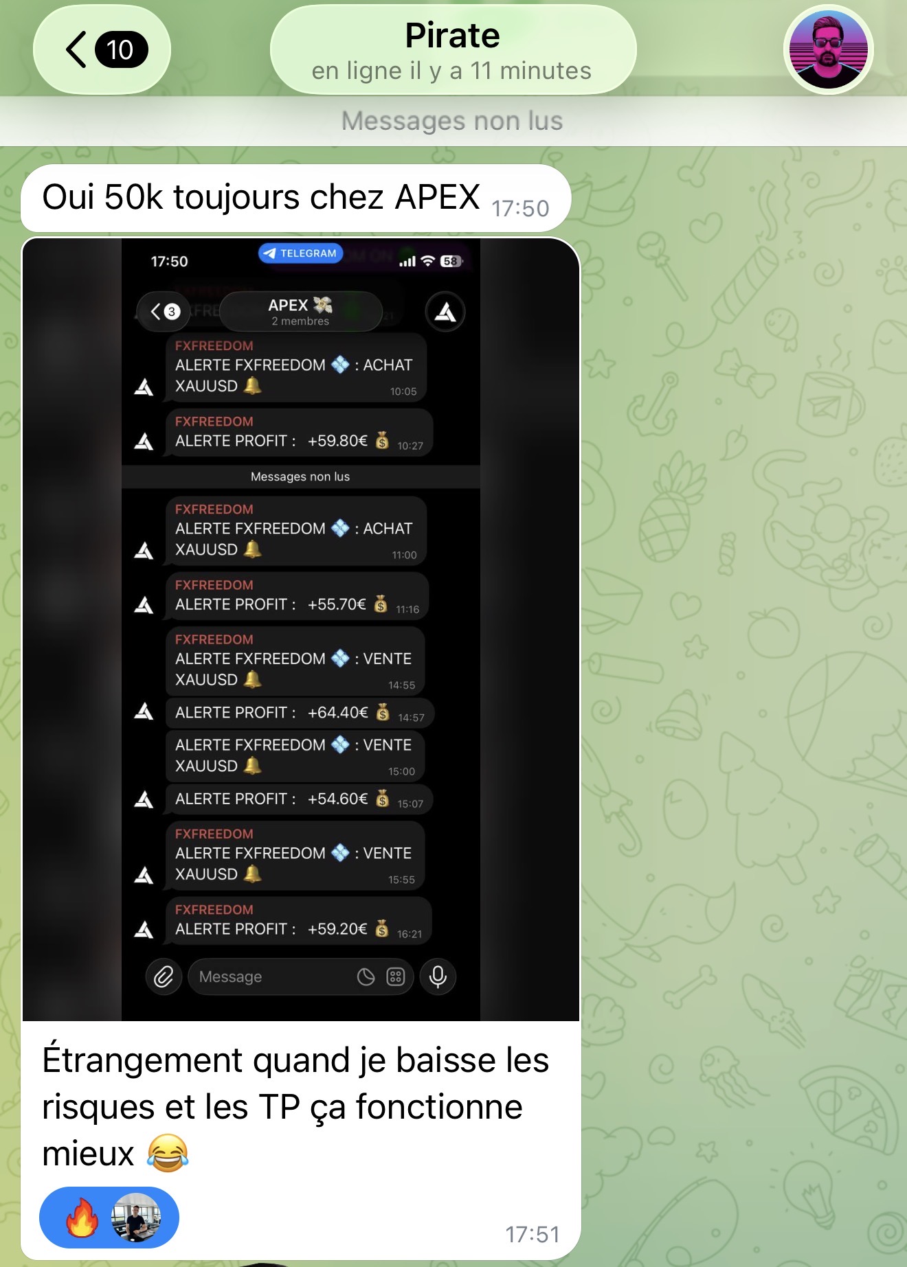 Alertes Telegram FXFREEDOM : achats et profits sur XAUUSD, compte Apex 50k