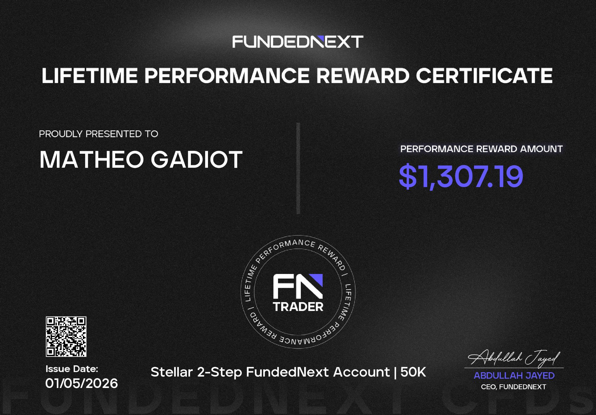 Mathéo — FundedNext, payout 1 307,19 $, 01/05/2026