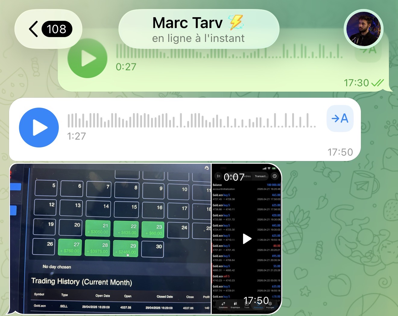 Historique de trading du mois et compte 100 000 $ de Marc