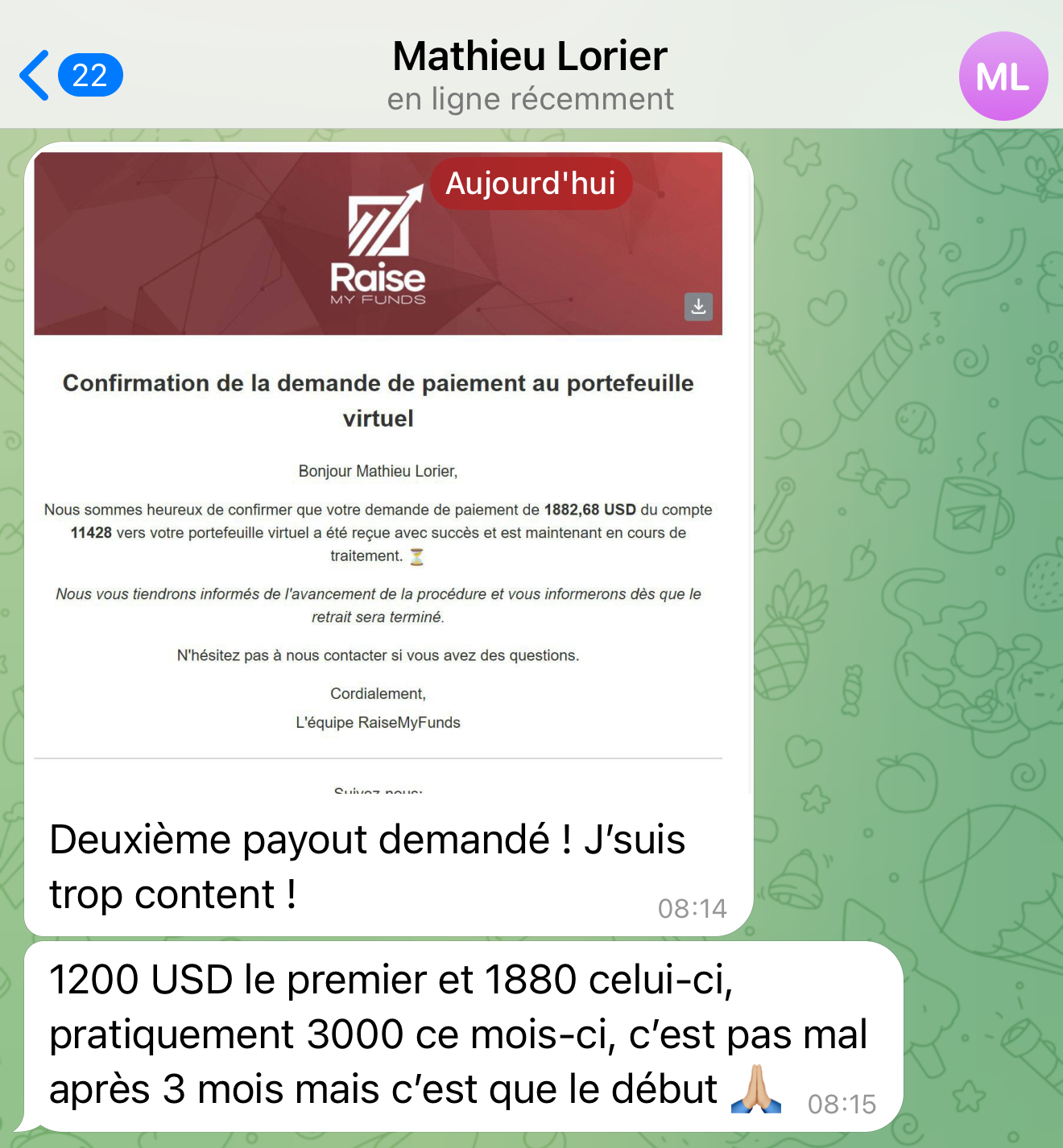 Confirmation de payout Raise My Funds de Mathieu Lorier : 1 882,68 USD